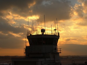 Airport Control Tower at Sunset